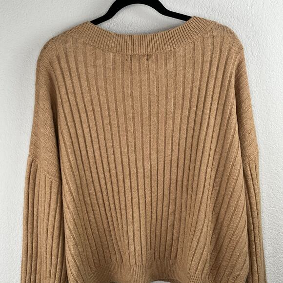 Open Edit Tan V-Neck Ribbed Knit Long Sleeve Drop Shoulder Pullover Sweater XL - Picture 9 of 13